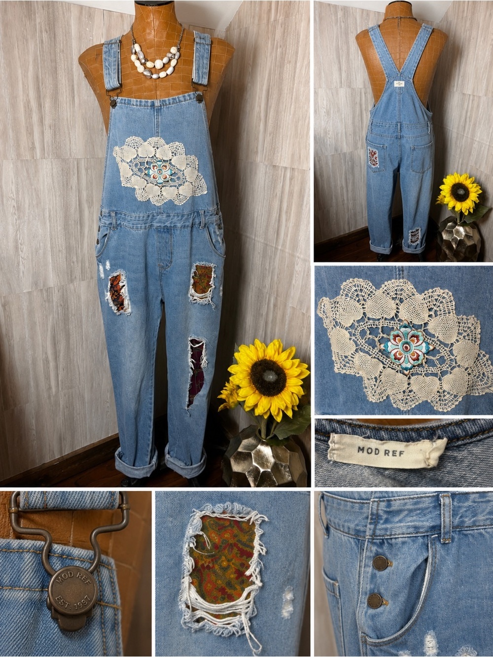 Upcycled MOD REF Denim Overalls Bibs Boho Crochet Lace One-of-a-Kind Distressed